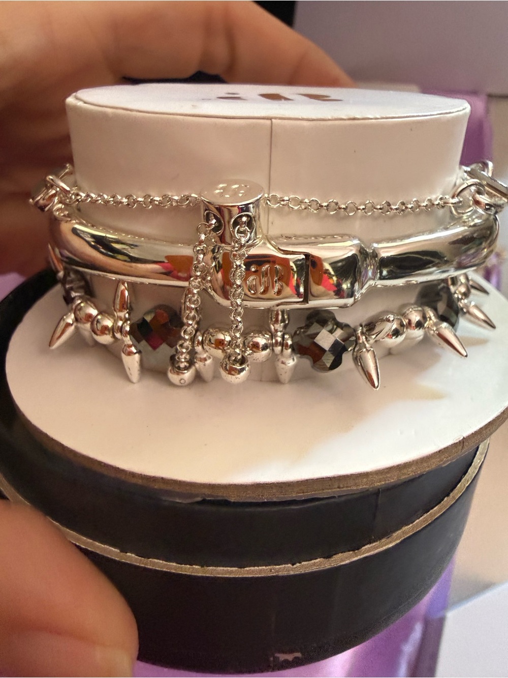 Bomb Party ‘She’s got that edge’ Silver Spike Charm Bracelet Stack